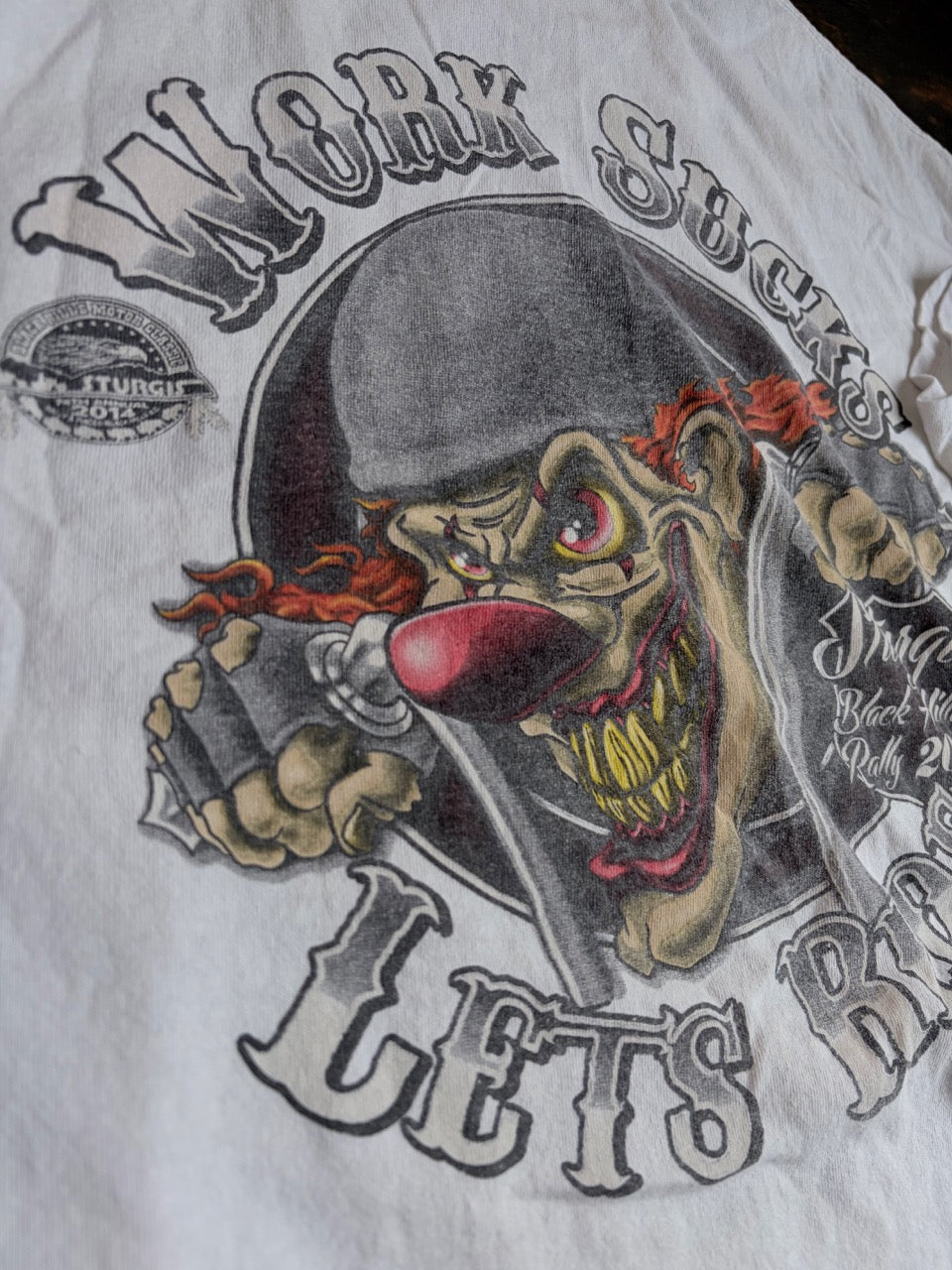 2014 "Work Sucks" Biker Back Clown Print Tee - Size XL