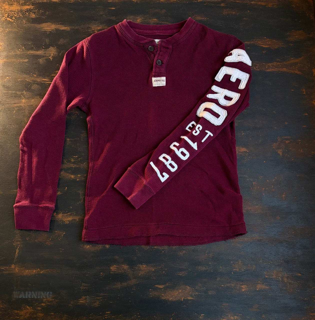 AEROPOSTALE "EST 1987" Waffle Knit Henley Sleeve Lettering - Burgundy - Size XS